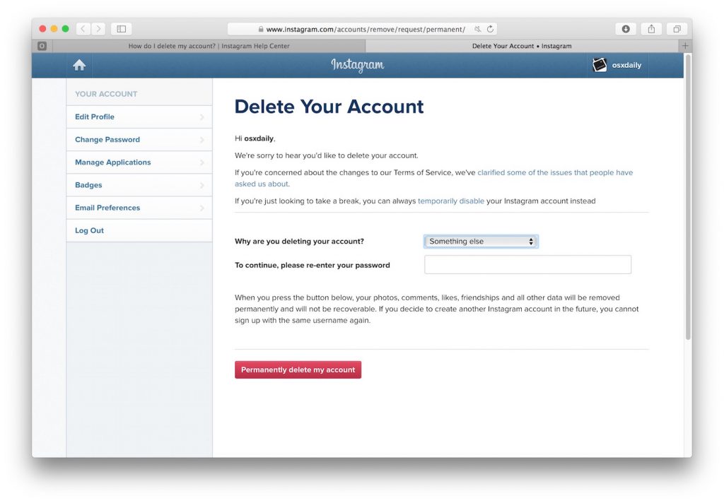 Permanently delete an Instagram account