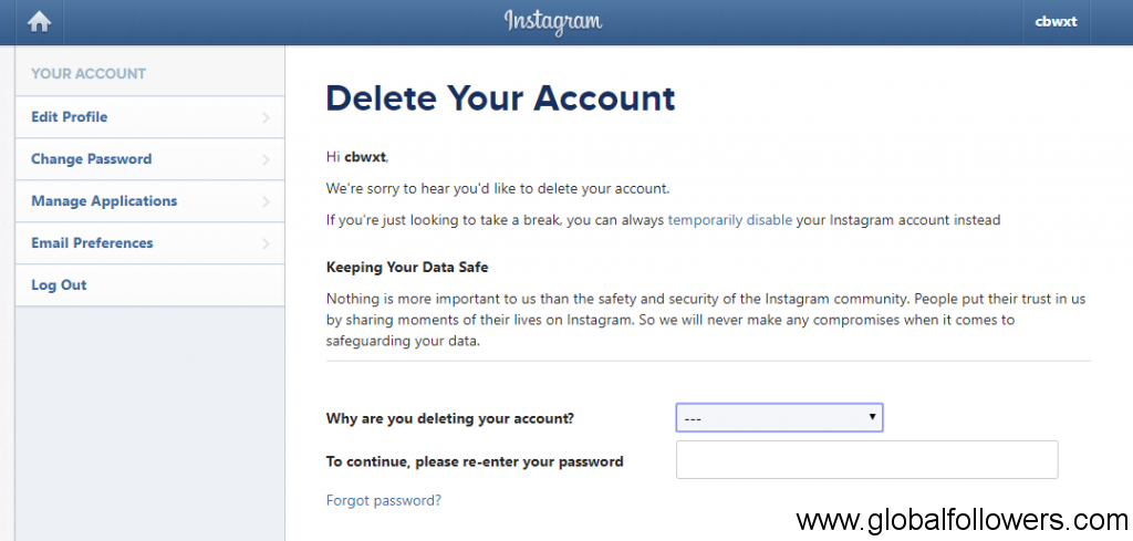 Delete an Instagram Account from PC
